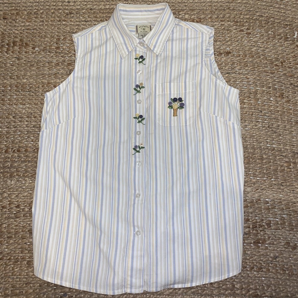 Wrangler Women Striped Embroidered Floral Button Vest Lightweight Blue Large
